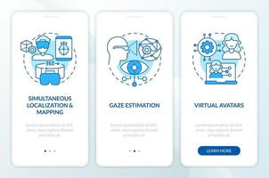 Synthetic data for metaverse blue onboarding mobile app screen. Walkthrough 3 steps editable graphic instructions with linear concepts. UI, UX, GUI template vector