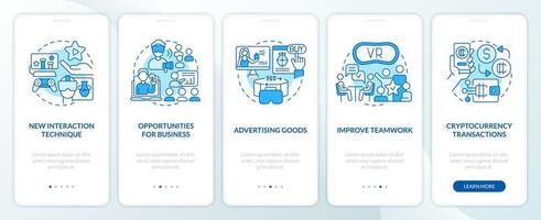 Metaverse importance for business blue onboarding mobile app screen. Walkthrough 5 steps editable graphic instructions with linear concepts. UI, UX, GUI template vector