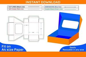 Straight tuck end box with window dieline template and 3D box easily editable and resizable Box dieline and 3D box vector