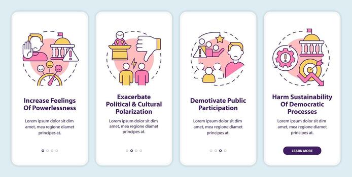 Problems of conventional engagement onboarding mobile app screen. Walkthrough 4 steps editable graphic instructions with linear concepts. UI, UX, GUI template vector