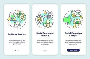 Social media analytics layers onboarding mobile app screen. Research walkthrough 3 steps editable graphic instructions with linear concepts. UI, UX, GUI template vector