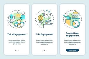 común formas de compromiso inducción móvil aplicación pantalla. público impacto recorrido 3 pasos editable gráfico instrucciones con lineal conceptos. ui, ux, gui modelo vector