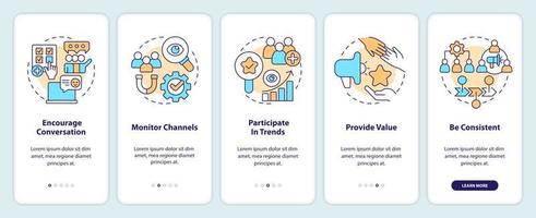 Social engagement best practices onboarding mobile app screen. Walkthrough 5 steps editable graphic instructions with linear concepts. UI, UX, GUI template vector