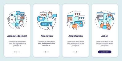 Types of social engagement onboarding mobile app screen. Involve users walkthrough 4 steps editable graphic instructions with linear concepts. UI, UX, GUI template vector