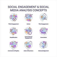 Social engagement concept icons set. Social media analysis. Marketing research idea thin line color illustrations. Isolated symbols. Editable stroke vector