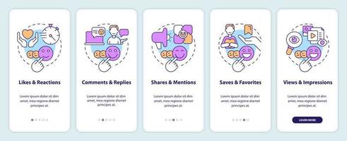 Measure engagement on social media ways onboarding mobile app screen. Walkthrough 5 steps editable graphic instructions with linear concepts. UI, UX, GUI template vector