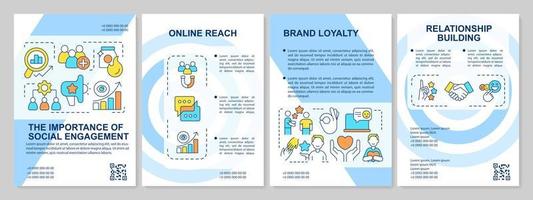 Importance of social engagement blue brochure template. Interaction. Leaflet design with linear icons. Editable 4 vector layouts for presentation, annual reports