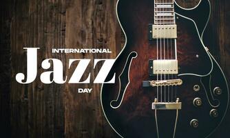 internacional jazz día con guitarra a el Derecha lado antecedentes para póster, bandera, social medios de comunicación foto