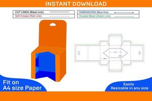 Window straight tuck end box or mobile charger box with hanger dieline template and 3d box Box dieline and 3D box vector