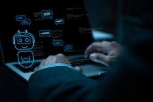ChatGPT Chat with AI or Artificial Intelligence. Digital chatbot, robot application, OpenAI generate. Futuristic technology, Man using laptop computer on virtual screen.chat gpt concept. photo