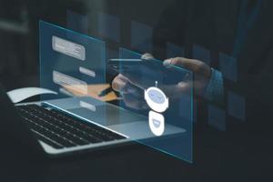ChatGPT Chat with AI or Artificial Intelligence. Digital chatbot, robot application, OpenAI generate. Futuristic technology, Man using laptop computer on virtual screen.chat gpt concept. photo