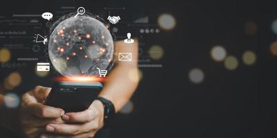 Business global internet connection and digital marketing, Financial and banking. Businessman using phone on application internet technology communication. photo