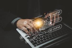 ChatGPT Chat with AI or Artificial Intelligence. Digital chatbot, robot application, OpenAI generate. Futuristic technology. photo