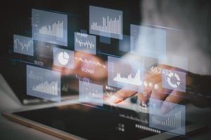 Business intelligence dashboard Big data diagram graph analysis and strategy virtual screen. Business analyzing economic and investment finance and marketing planning concept. photo