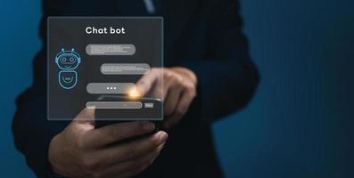 ChatGPT Chat with AI or Artificial Intelligence. Digital chatbot, robot application, OpenAI generate. Futuristic technology, Man using smartphone on virtual screen. photo