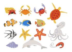 Set of hand drawn sea creatures. Cute ocean life characters such as fish, crab, turtle, dolphin, shrimp, starfish and octopus vector