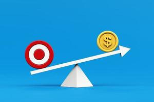 Target on scales board that are heavier than coin. concept of foreign exchange risk management. financial risk assessment balance and investment, business style. 3D rendering photo