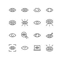 Set of eye related icons, vision, eyeball, look, optical, eyelash, eyesight, lens and linear variety vectors. vector