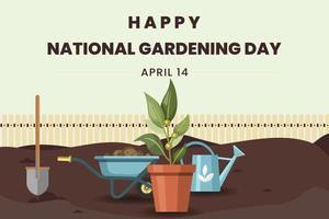 National gardening day on April 14th with gardening tools and plants vector illustration. Flat illustration gardening tool. Gardening day.