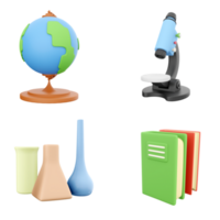3d representación globo, continente, microscopio, químico matraces y verde con rojo libro icono colocar. 3d hacer ciencia, educación concepto icono colocar. png
