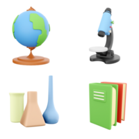 3d Rendern Globus, Festland, Mikroskop, chemisch Flaschen und Grün mit rot Buch Symbol Satz. 3d machen Wissenschaft, Bildung Konzept Symbol Satz. png