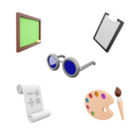 3d le rendu école planche avec craie, lunettes, bloc-notes, math panneaux sur une feuille et une palette avec une brosse icône ensemble. 3d rendre éducation concept icône ensemble. png