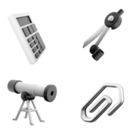 3d rendering calculator, drawing compass, telescopic and paper clip icon set. 3d render education concept icon set. png