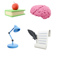 3d tolkning bok med ett äpple, mänsklig hjärna, tabell lampa och blad med en fjäder ikon uppsättning. 3d framställa utbildning begrepp ikon uppsättning. png