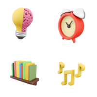 3d rendering light bulb with brain, alarm clock, bookshelf with books, music notes icon set. 3d render education concept icon set. png