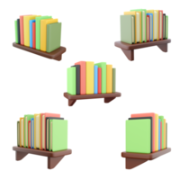 3d rendering shelf with books icon set. 3d render books with different covers on the shelf different positions icon set. png