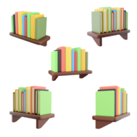 3d Rendern Regal mit Bücher Symbol Satz. 3d machen Bücher mit anders Abdeckungen auf das Regal anders Positionen Symbol Satz. png