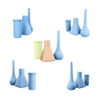 3d rendering laboratory flasks of various shapes icon set. 3d render glass vessel with a round or flat bottom different positions icon set. png