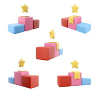 3d rendering podium for winners icon set. 3d render multicolored podiums first, second and third place, the banner is hung in the first place and above it is a star different positions icon set. png