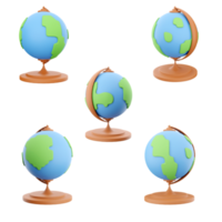 3d rendering Earth globe icon set. 3d render globe model different positions icon set. png