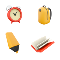 3d Rendern Alarm Uhr, Schule Tasche, Gelb Marker und öffnen Buch Symbol Satz. 3d machen Bildung Konzept Symbol Satz. png