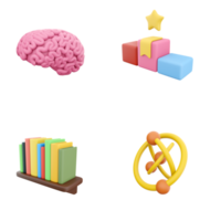 3d rendering podium with star, human brain, atom model, bookshelf with books icon set. 3d render education and competition concept icon set. png