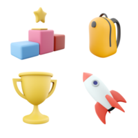 3d rendering podium with star, school bag, gold cup and rocket mockup icon set. 3d render competition and study concept icon set. png