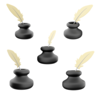 3d rendering inkwell with feather icon set. 3d render old way of writing different positions icon set. png