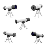 3d rendering astronomical telescope icon set. 3d render Astronomical optical instrument for observing celestial bodies, luminaries different positions icon set. png