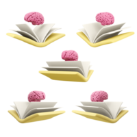 3d rendering pink brain over book different positions icon set. 3d render lesson, studying, education icon set. png