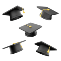 3d rendering university graduation cap icon set. 3d render headgear adjacent to a square horizontal plank different positions icon set. png