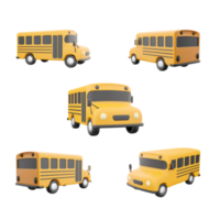 3d Renderização amarelo escola ônibus ícone definir. 3d render ônibus para crianças para escola diferente posições ícone definir. png