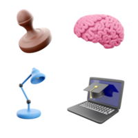3d representación estampilla, cerebro, lámpara y cuaderno con académico gorra icono colocar. 3d hacer educación concepto icono colocar. png