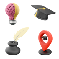 3d rendering a light bulb with a brain in one part and a light in the other, academic cap, feather with inkwell, location of the educational institution icon set. 3d render education concept icon set. png