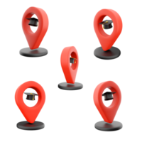 3d rendering map pointer with education hat icon set. 3d render destination of a university or other educational institution different positions icon set. png