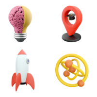 3d rendering light bulb with brain, location sign with academic cap, rocket and atom icon set. 3d render science and education concept icon set. png