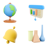 3d rendering globe model, presentation board with histogram, bell and chemical flasks icon set. 3d render science and education concept icon set. png