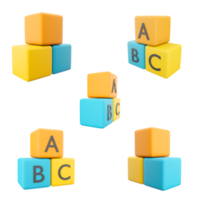 3d renderen een b c blokken Verbinden decoupeerzaag puzzel icoon set. 3d geven baby kind intelligentie- ontwikkeling verschillend standen icoon set. png