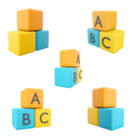 3d renderen een b c blokken Verbinden decoupeerzaag puzzel icoon set. 3d geven baby kind intelligentie- ontwikkeling verschillend standen icoon set. png