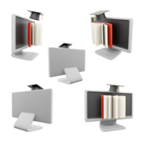 3d rendering computer monitor with graduation cap and diploma icon set. 3d render white monitor with red book and graduation hat different positions icon set. png